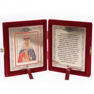 Складень с ликом святой Ольги, бархат бордовый, 16х18,5 см